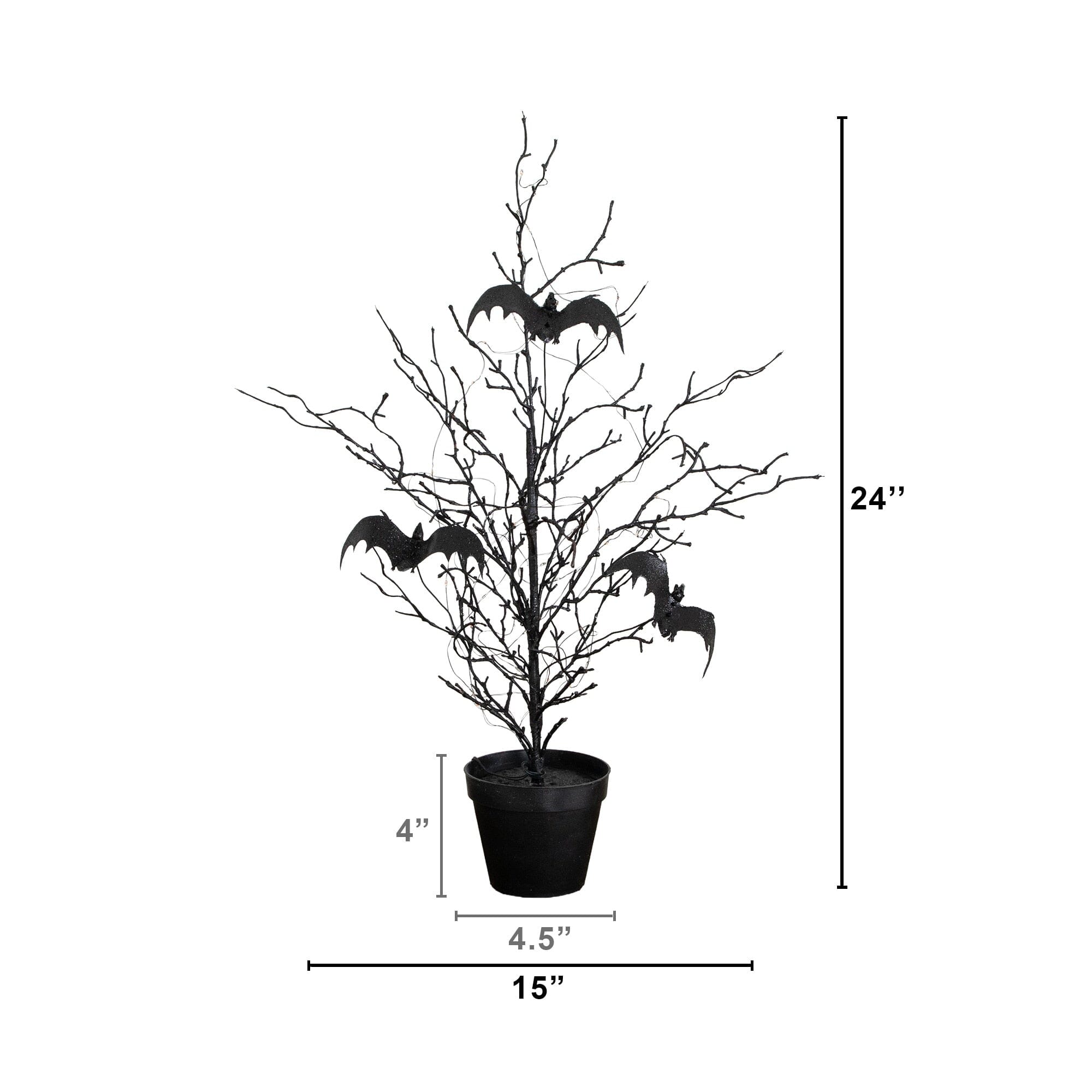 2' Pre-Lit Artificial Black Spooky Twig Tree with Bats and 40