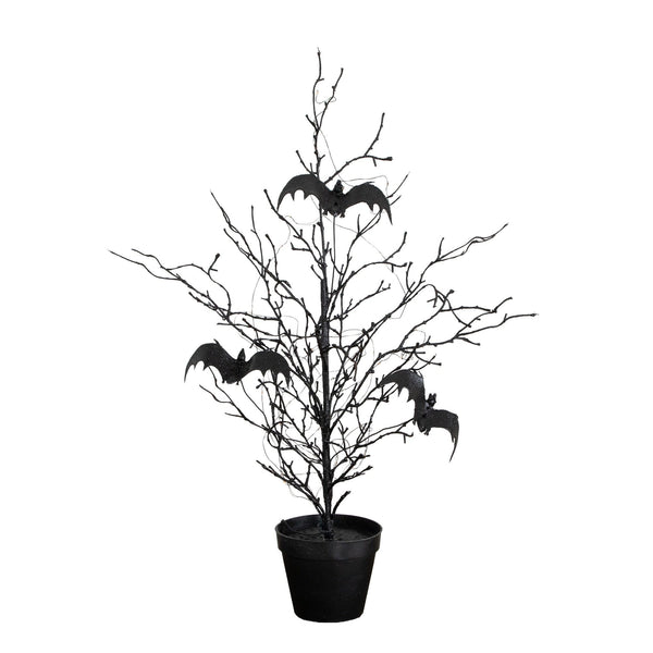 2' Pre-Lit Artificial Black Spooky Twig Tree with Bats and 40 Orange & Purple LED Lights