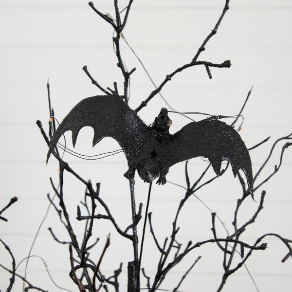 2' Pre-Lit Artificial Black Spooky Twig Tree with Bats and 40 Orange & Purple LED Lights