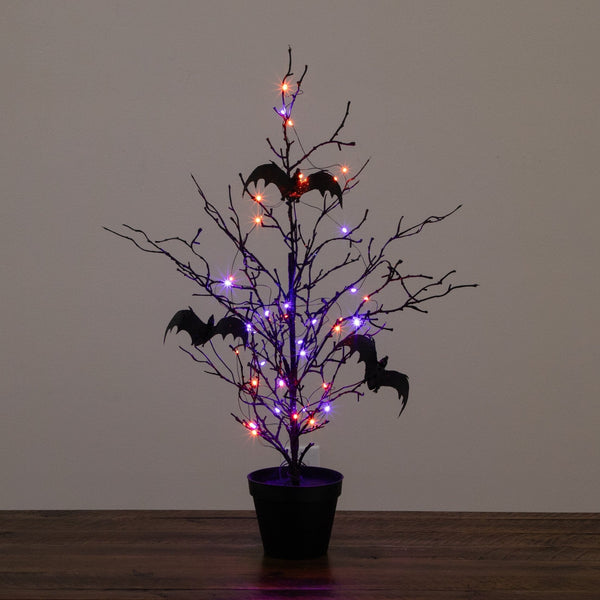 2' Pre-Lit Artificial Black Spooky Twig Tree with Bats and 40 Orange & Purple LED Lights