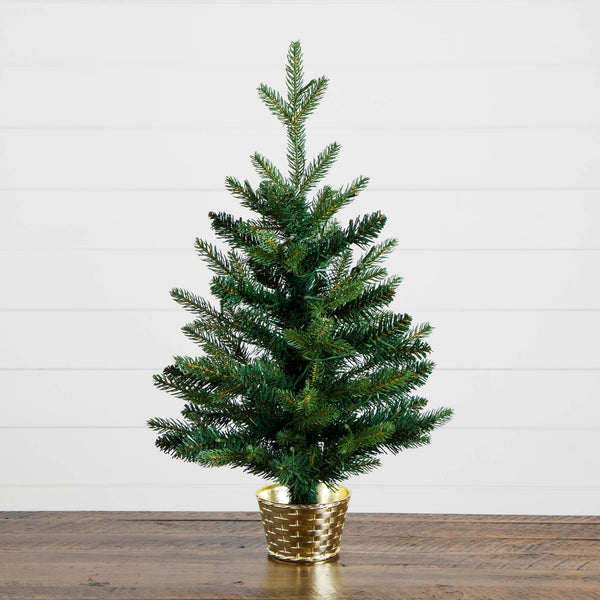 2' Pre-Lit Artificial Classic Christmas Tree with 35 Warm White LED Lights in Gold Decorative Planter