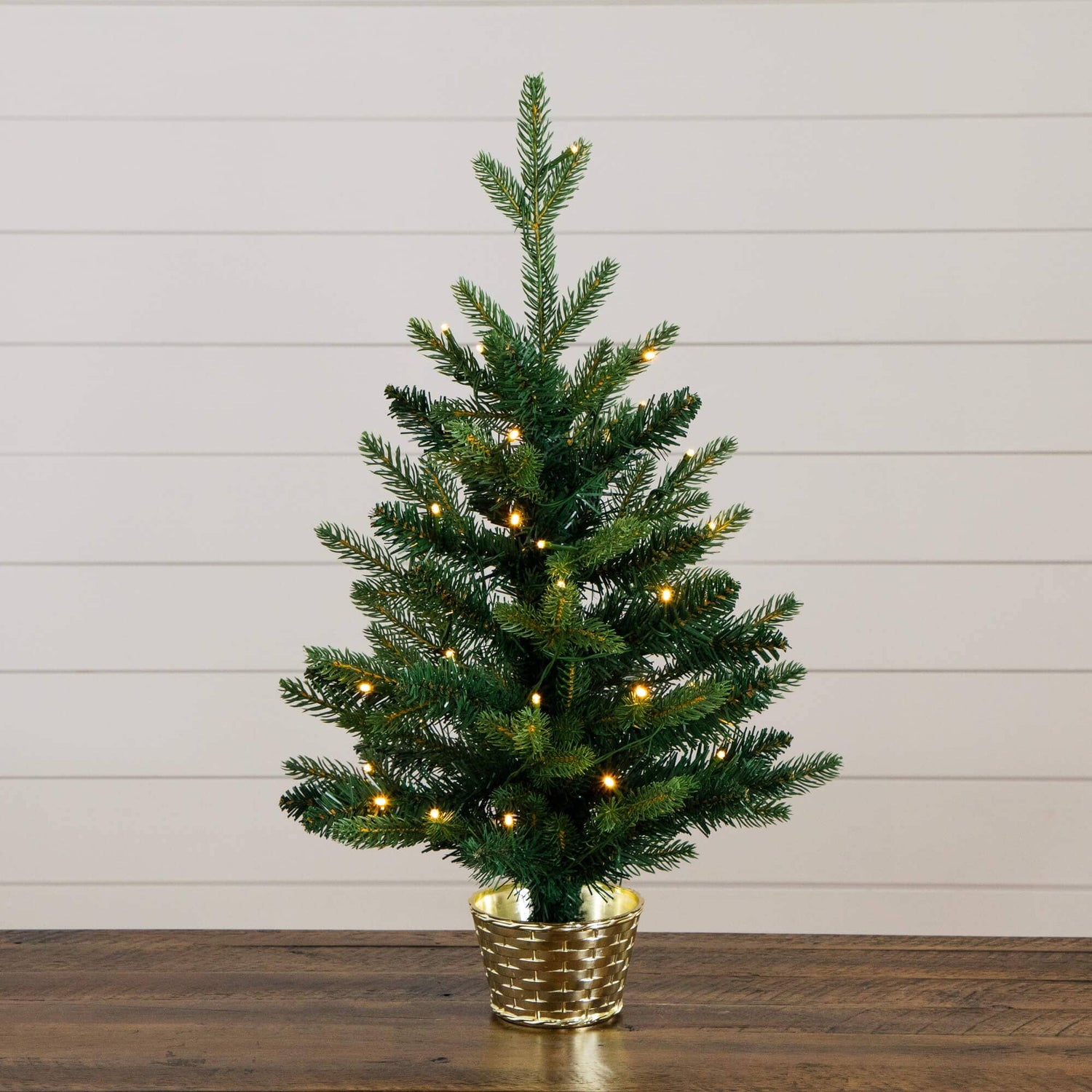 2' Pre-Lit Artificial Classic Christmas Tree with 35 Warm White LED Lights in Gold Decorative Planter
