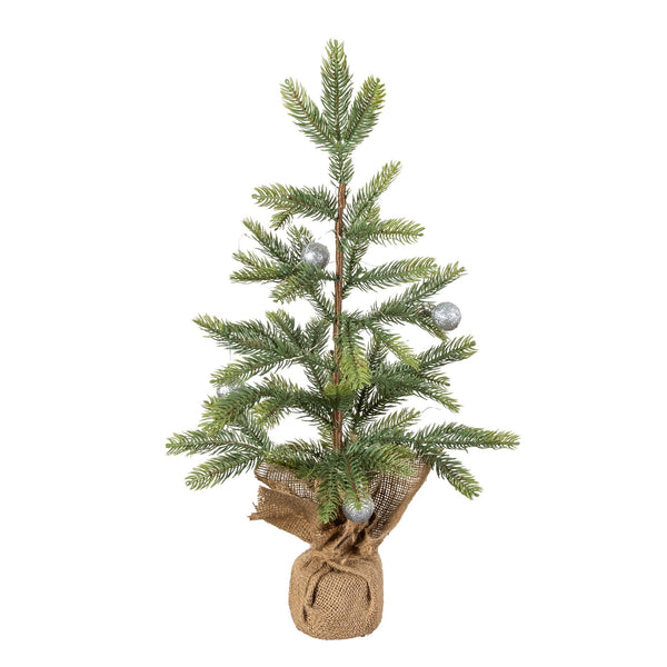 2' Pre-Lit Artificial Fraser Fir “Natural Look” Christmas Tree with 20 LED Lights and Silver Ornaments in Burlap Wrapped Base