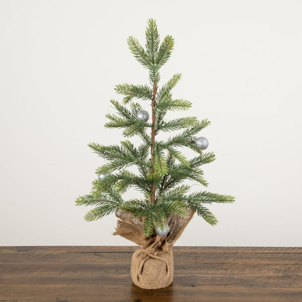 2' Pre-Lit Artificial Fraser Fir “Natural Look” Christmas Tree with 20 LED Lights and Silver Ornaments in Burlap Wrapped Base