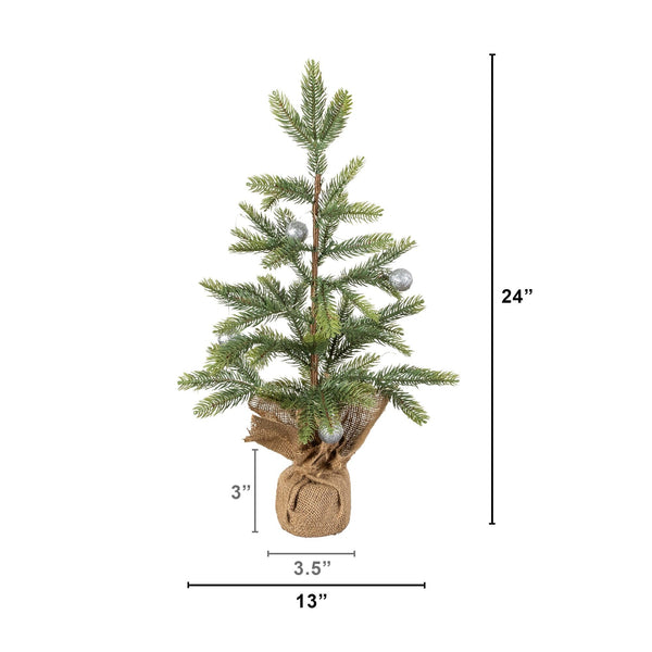 2' Pre-Lit Artificial Fraser Fir “Natural Look” Christmas Tree with 20 LED Lights and Silver Ornaments in Burlap Wrapped Base