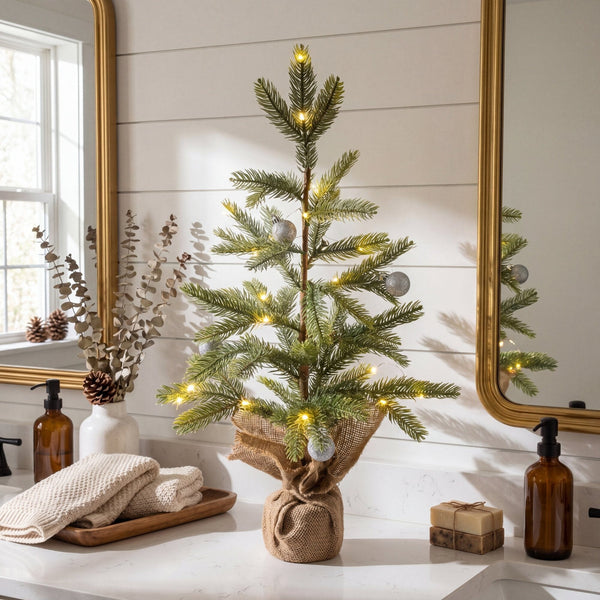 2' Pre-Lit Artificial Fraser Fir “Natural Look” Christmas Tree with 20 LED Lights and Silver Ornaments in Burlap Wrapped Base
