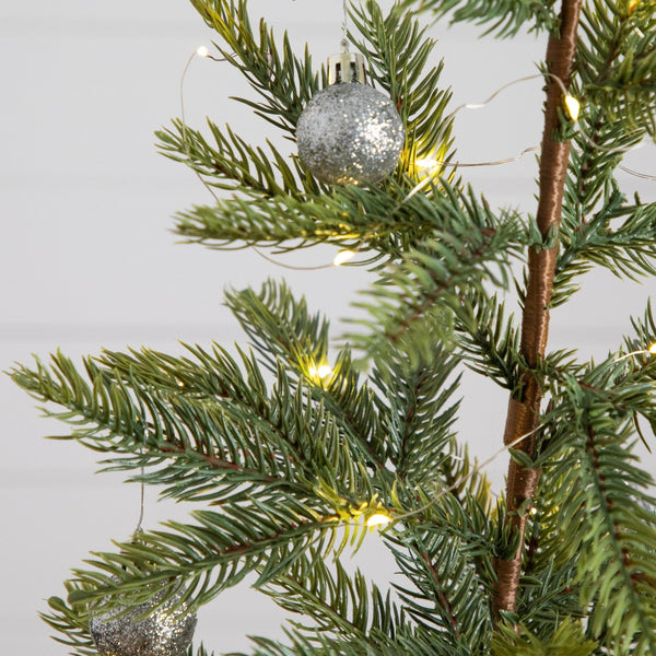2' Pre-Lit Artificial Fraser Fir “Natural Look” Christmas Tree with 20 LED Lights and Silver Ornaments in Burlap Wrapped Base