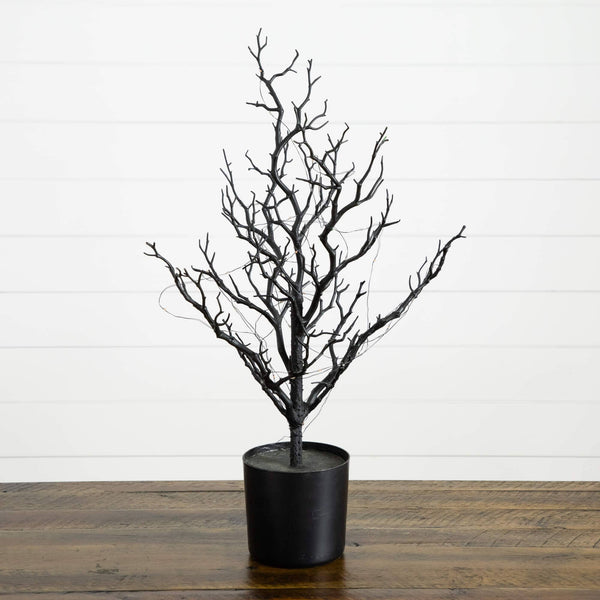 2' Pre-Lit Artificial Halloween Black Spooky Twig Tree with 60 Orange & Purple Copper Wire String LED Lights