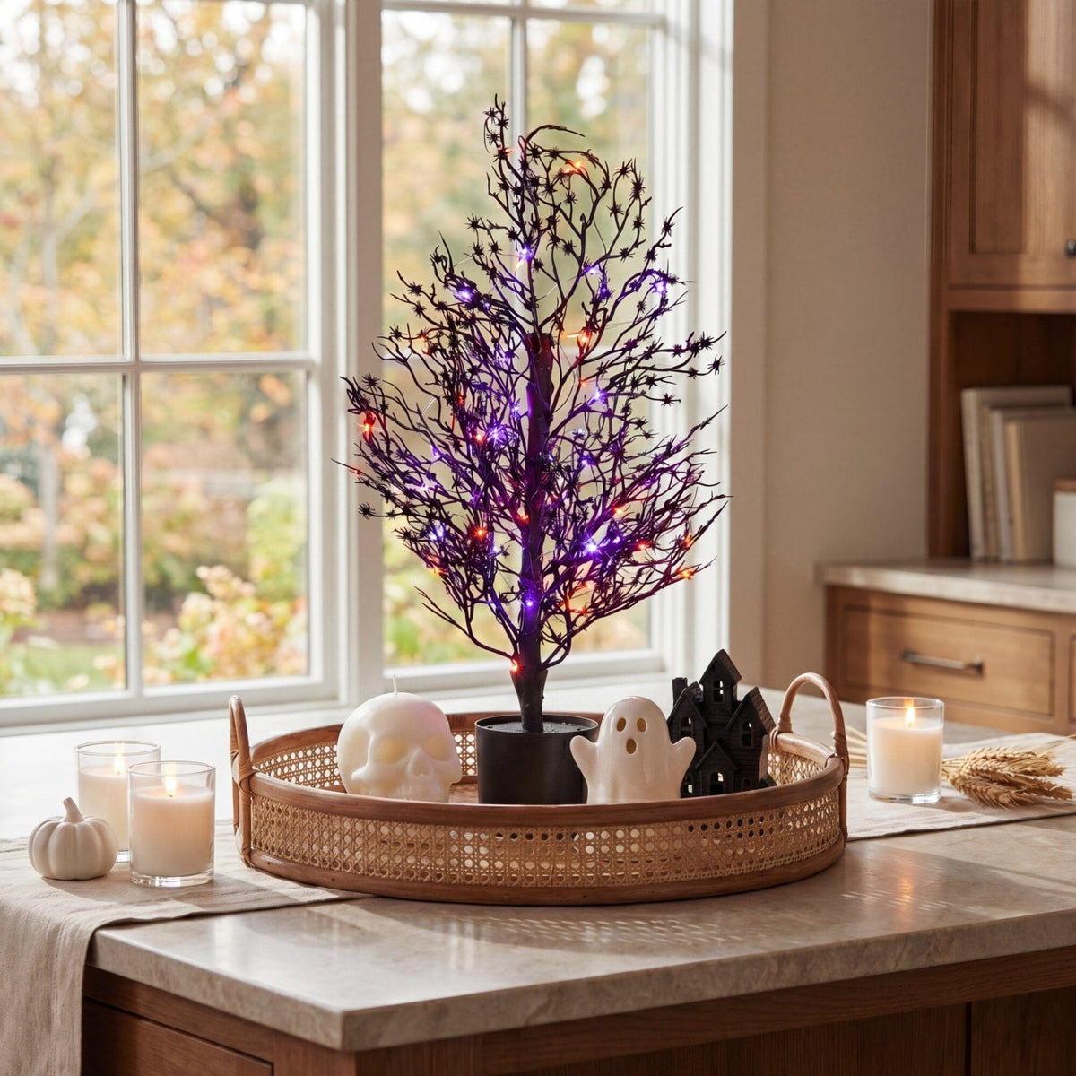 2’ Pre-Lit Artificial Halloween Spider Twig Tree with 50 Orange & Purple LED Lights