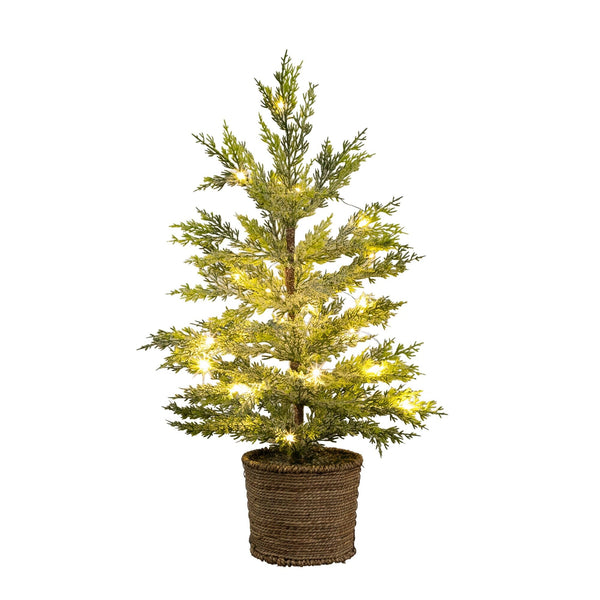 2’ Pre-Lit Artificial Snowed Cypress Christmas Tree with 30 LED Lights in Hyacinth Basket
