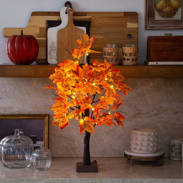 2' Pre-Lit Autumn Maple Artificial Fall Tree with 24 Warm White LED Lights and Detachable Base