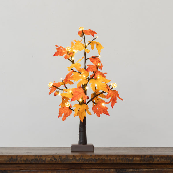 2' Pre-Lit Autumn Maple Artificial Fall Tree with 24 Warm White LED & Pumpkin Shaped Lights with Detachable Base