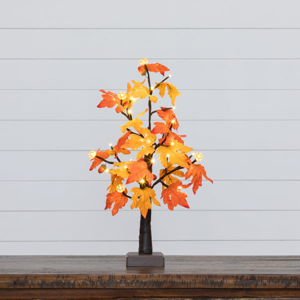 2' Pre-Lit Autumn Maple Artificial Fall Tree with 24 Warm White LED & Pumpkin Shaped Lights with Detachable Base