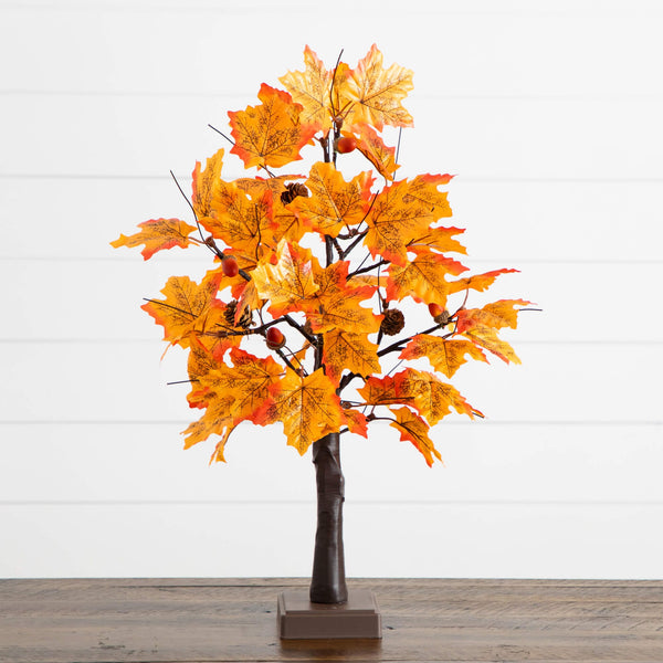 2' Pre-Lit Autumn Maple Artificial Fall Tree with Acorns & Pinecones and 18 Warm White LED Lights