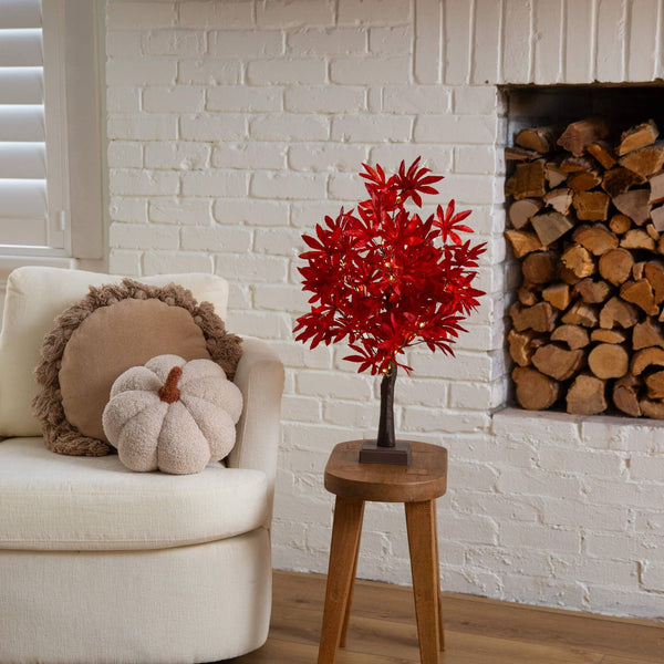 2' Pre-Lit Red Autumn Maple Artificial Fall Tree with 50 Warm White LED Lights and Detachable Base