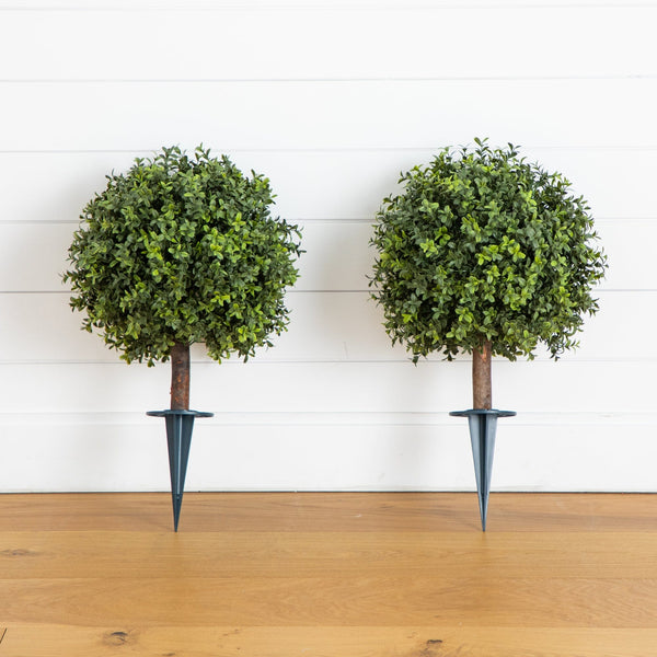 2' UV Resistant Artificial Boxwood Topiary with Integrated Ground Stake (Indoor/Outdoor) - Set of 2