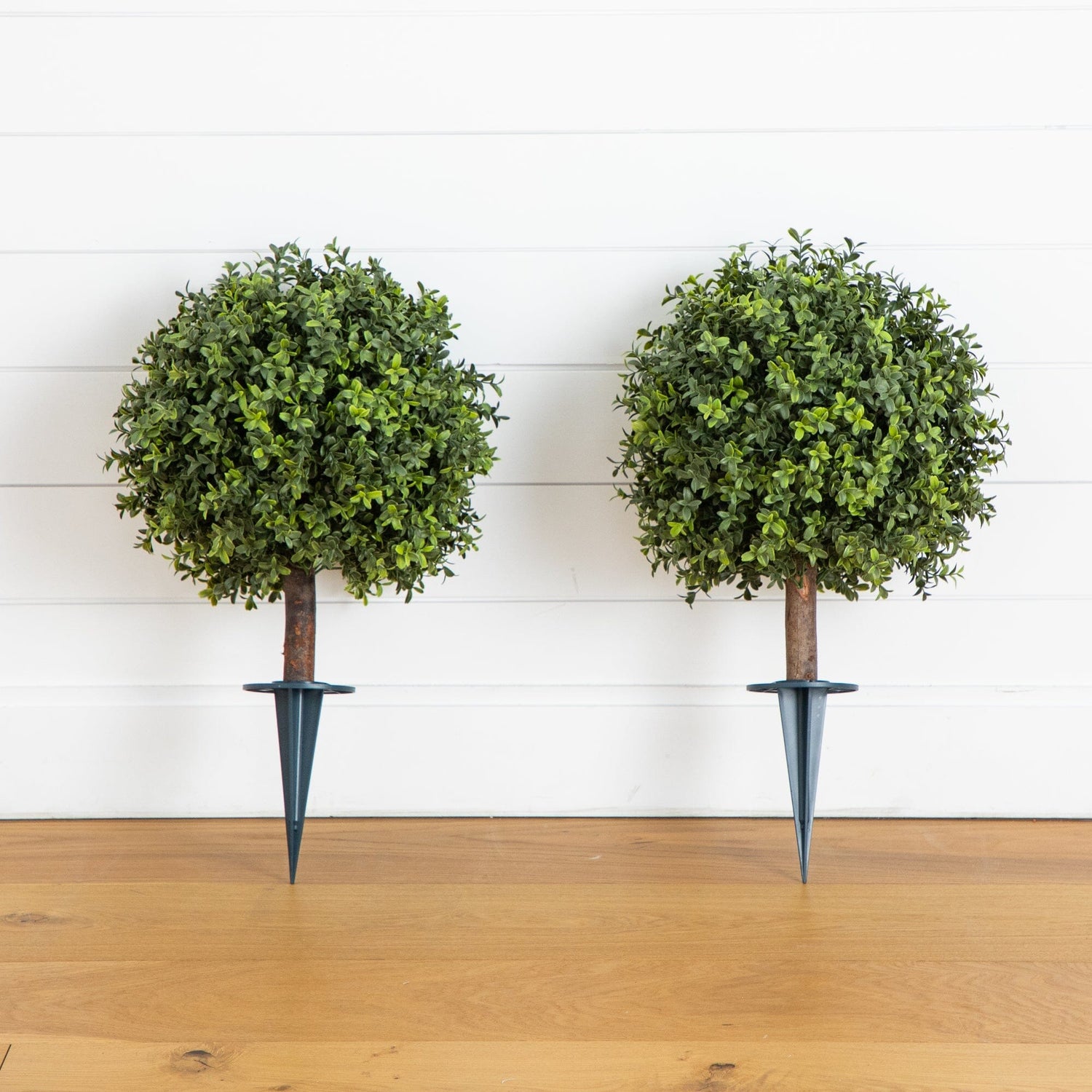 2' UV Resistant Artificial Boxwood Topiary with Integrated Ground Stake (Indoor/Outdoor) - Set of 2