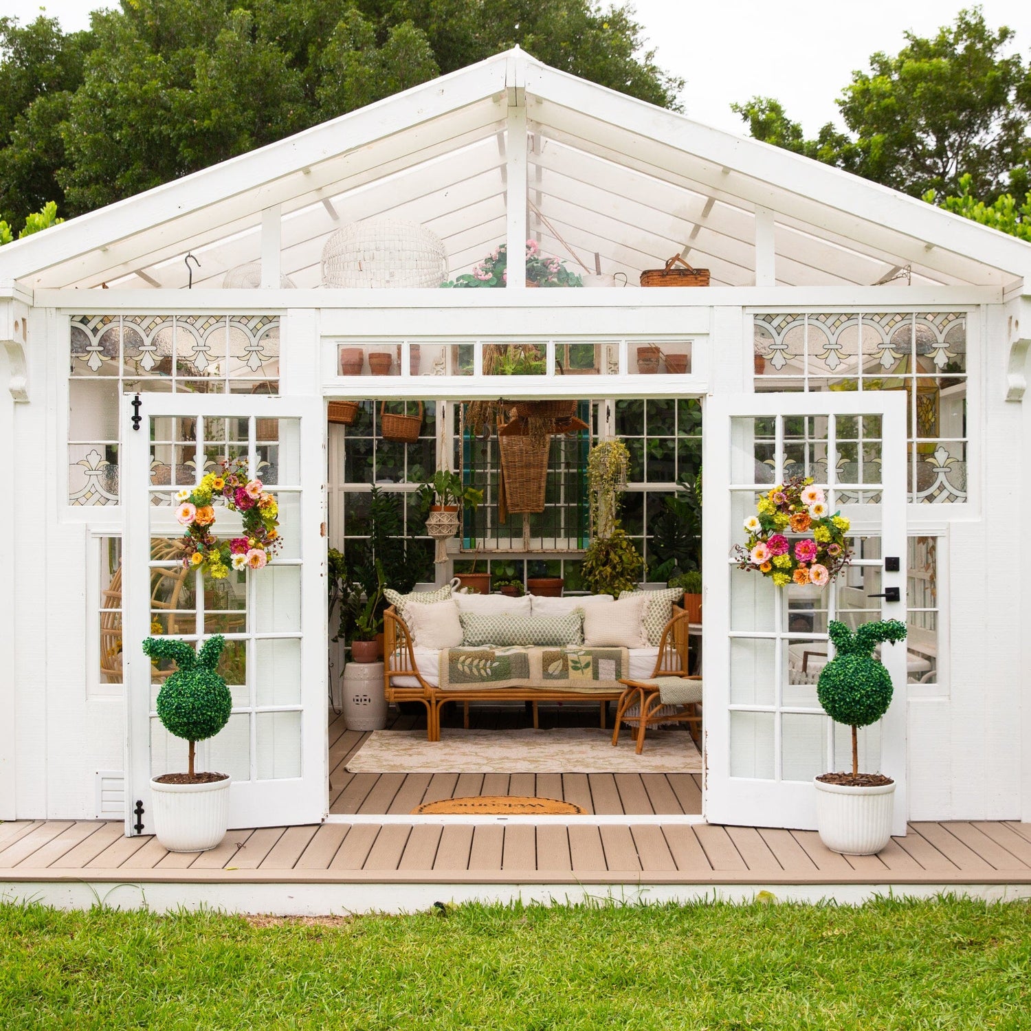 2' UV Resistant Artificial Easter Bunny Boxwood Topiary with Integrated Ground Stake (Indoor/Outdoor) - Set of 2