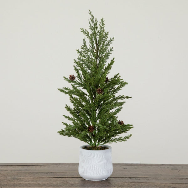 20” Artificial Christmas Cedar Pine Tree with Pinecones in White Ceramic Planter