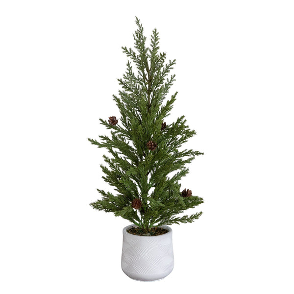 20” Artificial Christmas Cedar Pine Tree with Pinecones in White Ceramic Planter
