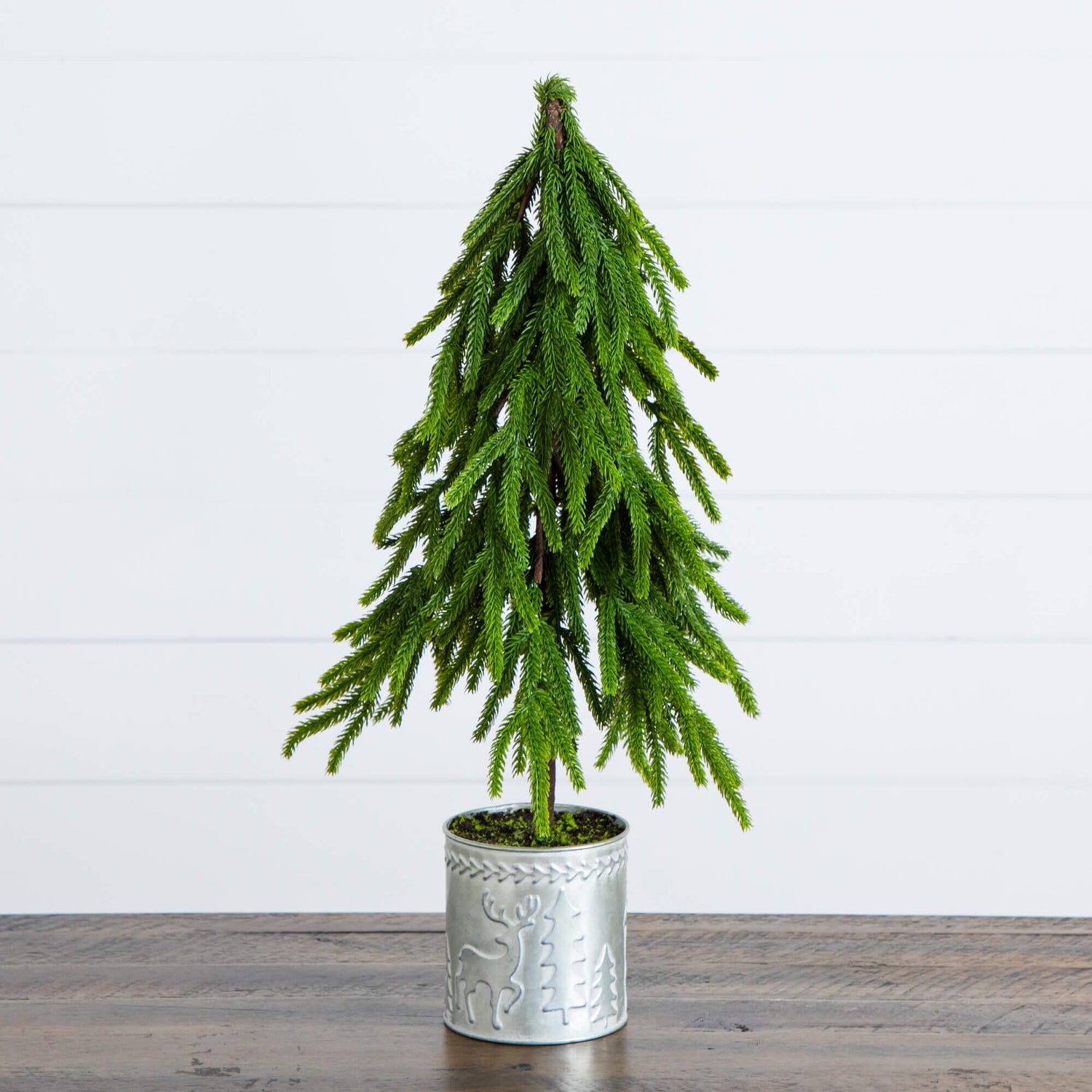 20" Artificial Real Touch Down Swept Norfolk Island Pine in Christmas Tin Metal Planter with Natural Look