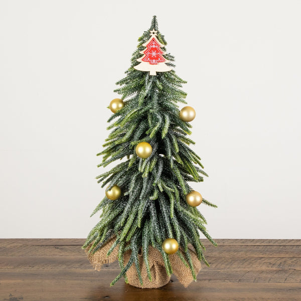 20” Artificial Snowed Downswept Christmas Tree with Ornaments in Burlap Wrapped Base