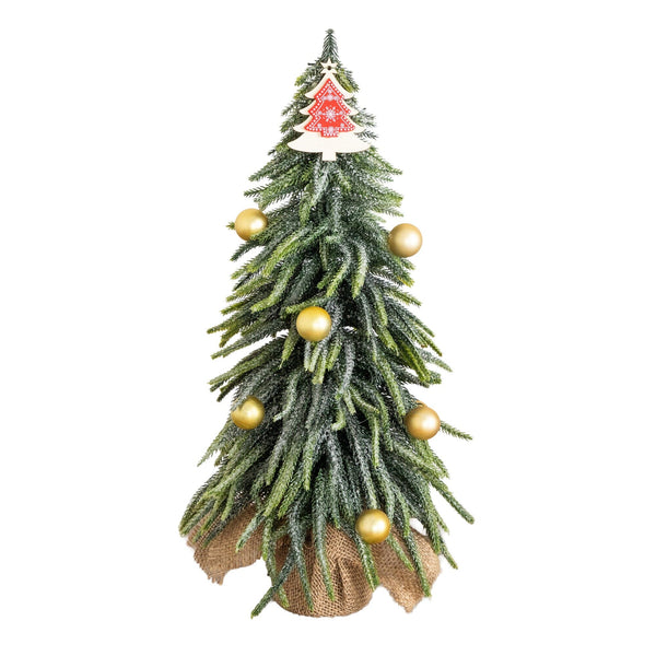 20” Artificial Snowed Downswept Christmas Tree with Ornaments in Burlap Wrapped Base