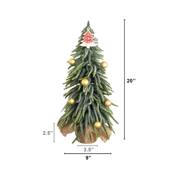 20” Artificial Snowed Downswept Christmas Tree with Ornaments in Burlap Wrapped Base
