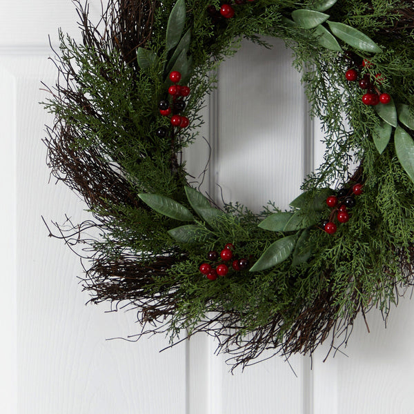 20” Cedar and Ruscus with Berries Artificial Wreath