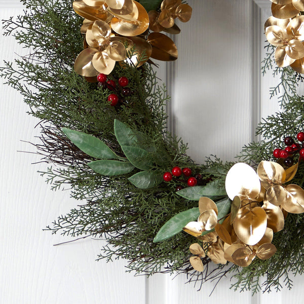 20” Cedar, Ruscus, Berries and Golden Eucalyptus Artificial Wreath