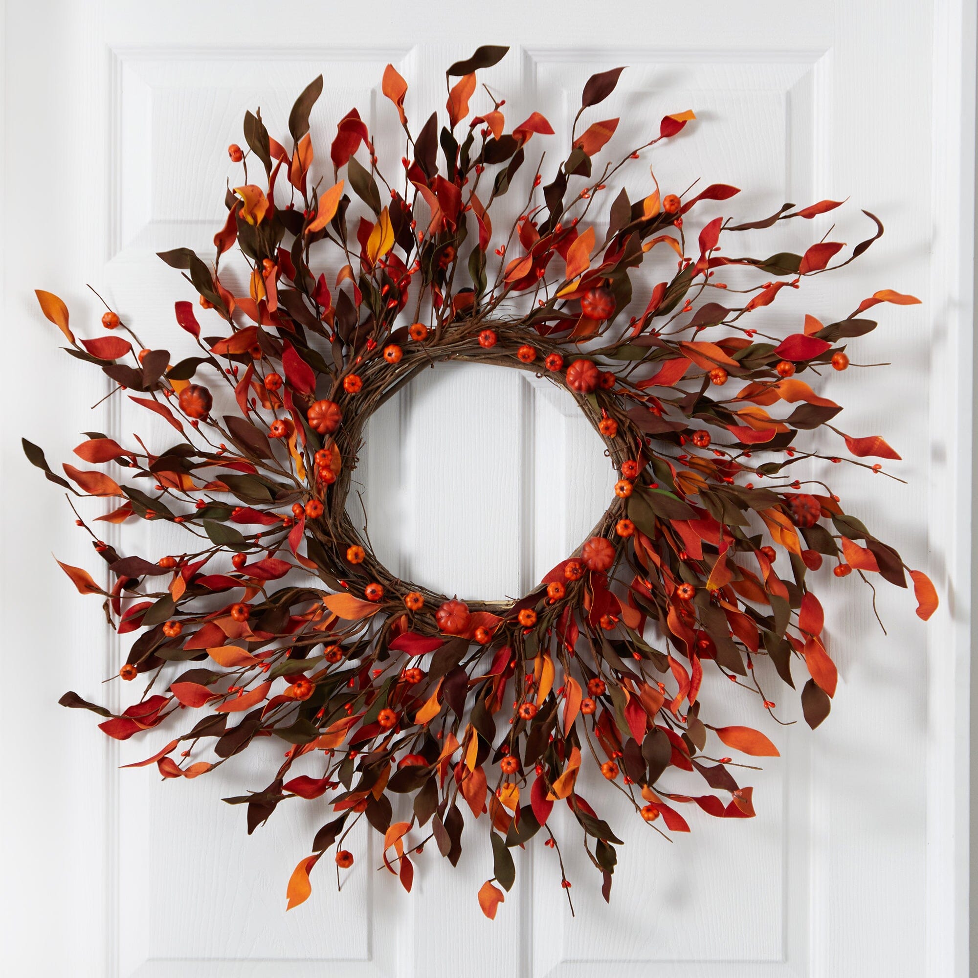 20” Harvest Leaf and Mini Pumpkin Artificial Wreath | Nearly Natural