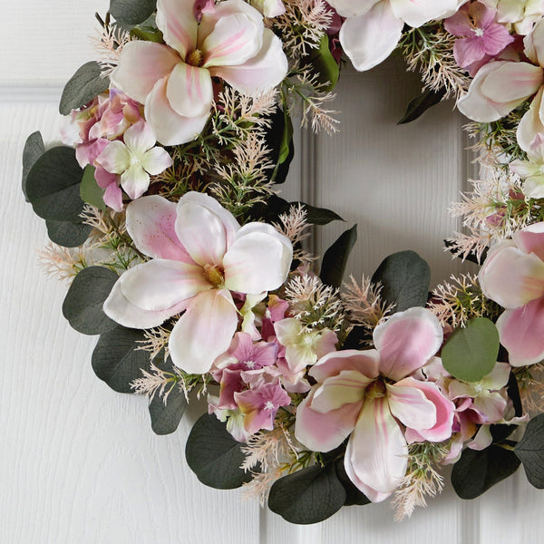 20” Hydrangea and Magnolia Artificial Wreath