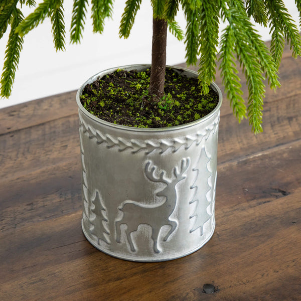 20" Artificial Real Touch Down Swept Norfolk Island Pine in Christmas Tin Metal Planter with Natural Look