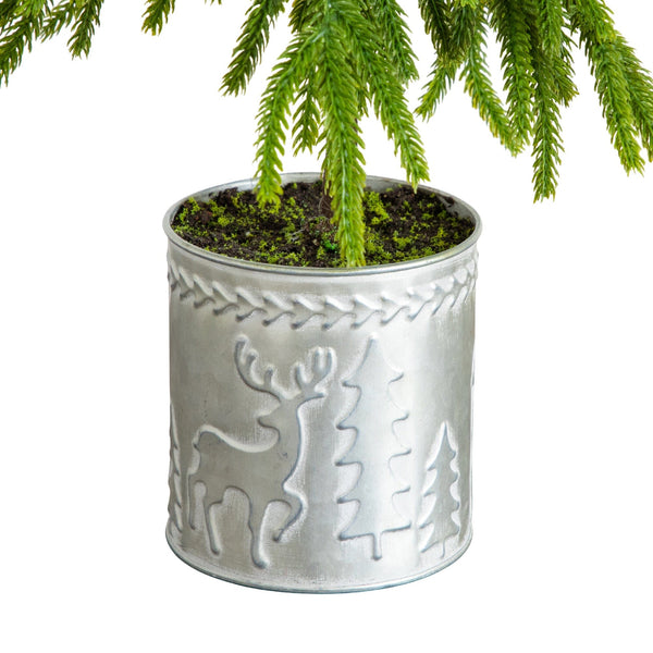 20" Artificial Real Touch Down Swept Norfolk Island Pine in Christmas Tin Metal Planter with Natural Look