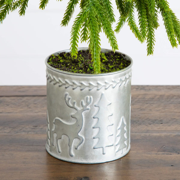 20" Artificial Real Touch Down Swept Norfolk Island Pine in Christmas Tin Metal Planter with Natural Look