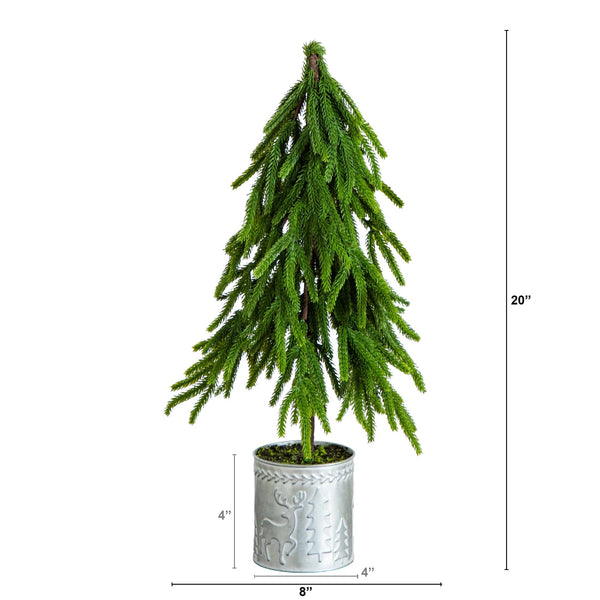 20" Artificial Real Touch Down Swept Norfolk Island Pine in Christmas Tin Metal Planter with Natural Look