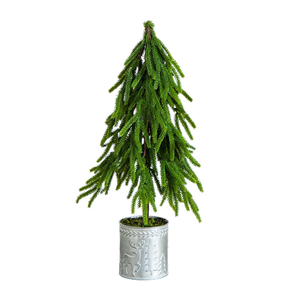 20" Artificial Real Touch Down Swept Norfolk Island Pine in Christmas Tin Metal Planter with Natural Look