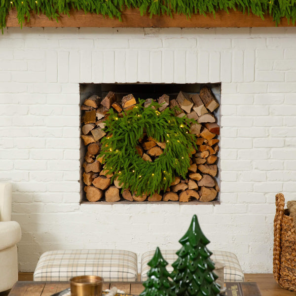 20" Pre-Lit Artificial Real Touch Norfolk Island Pine Wreath with 35 Warm White LED Lights and Natural Look