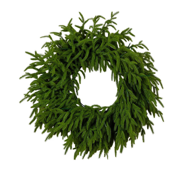 20" Pre-Lit Artificial Real Touch Norfolk Island Pine Wreath with 35 Warm White LED Lights and Natural Look