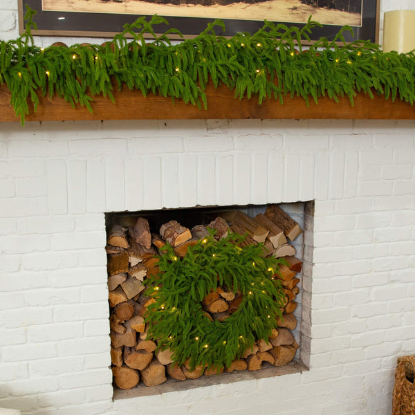 20" Pre-Lit Artificial Real Touch Norfolk Island Pine Wreath with 35 Warm White LED Lights and Natural Look