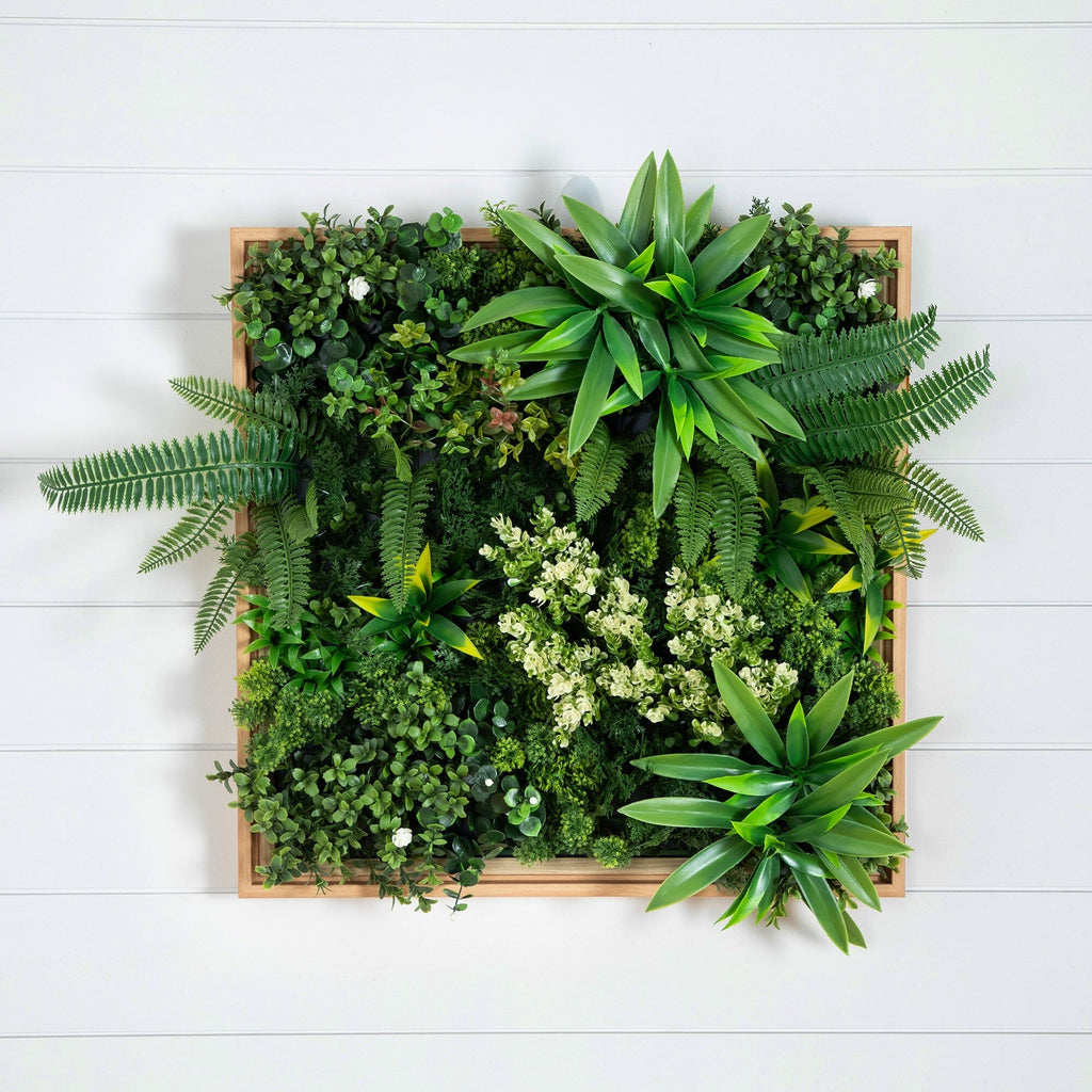 20” x 20” UV Resistant Queensland Rainforest Artificial Living Wall Art  Panel in Light Wood