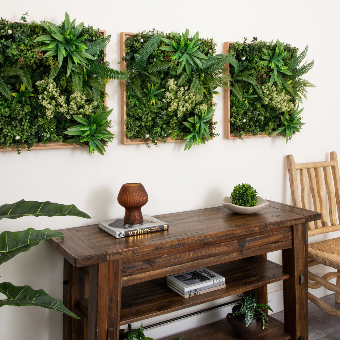indoor artificial plant wall decor 20” x 20” UV Resistant Queensland Rainforest Artificial Living Wall Art Panel in Light Wood