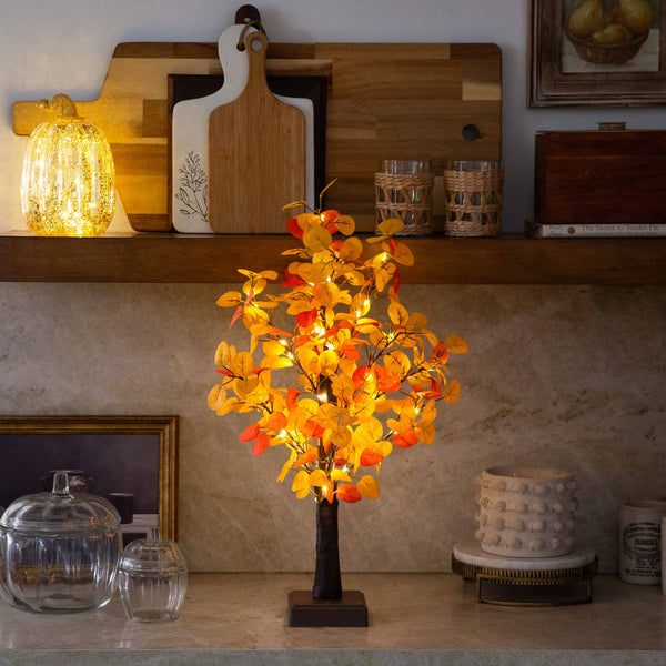 21" Pre-Lit Bright Autumn Eucalyptus Artificial Fall Tree with 50 Warm White LED Lights and Detachable Base