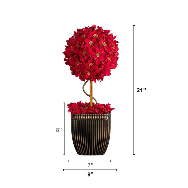 21” Pre-Lit Artificial Christmas Poinsettia Single Ball Topiary Tree with 15 LED Lights in Decorative Planter