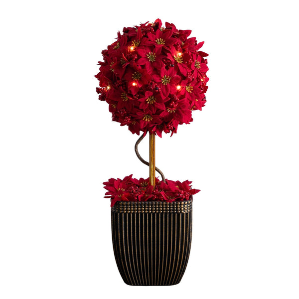 21” Pre-Lit Artificial Christmas Poinsettia Single Ball Topiary Tree with 15 LED Lights in Decorative Planter