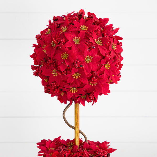 21” Pre-Lit Artificial Christmas Poinsettia Single Ball Topiary Tree with 15 LED Lights in Decorative Planter