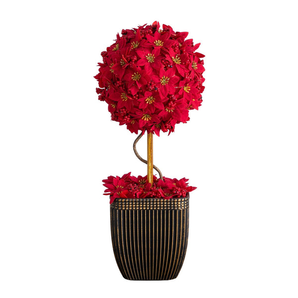 21” Pre-Lit Artificial Christmas Poinsettia Single Ball Topiary Tree with 15 LED Lights in Decorative Planter