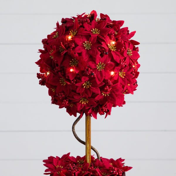 21” Pre-Lit Artificial Christmas Poinsettia Single Ball Topiary Tree with 15 LED Lights in Decorative Planter