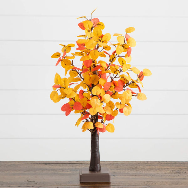 21" Pre-Lit Bright Autumn Eucalyptus Artificial Fall Tree with 50 Warm White LED Lights and Detachable Base