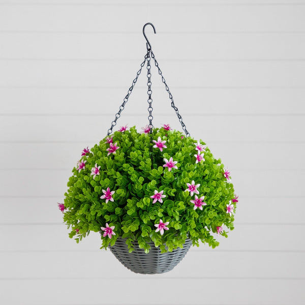 plastic plants hanging baskets 21” UV Resistant Artificial Lily and Eucalyptus Hanging Basket (Indoor/Outdoor)